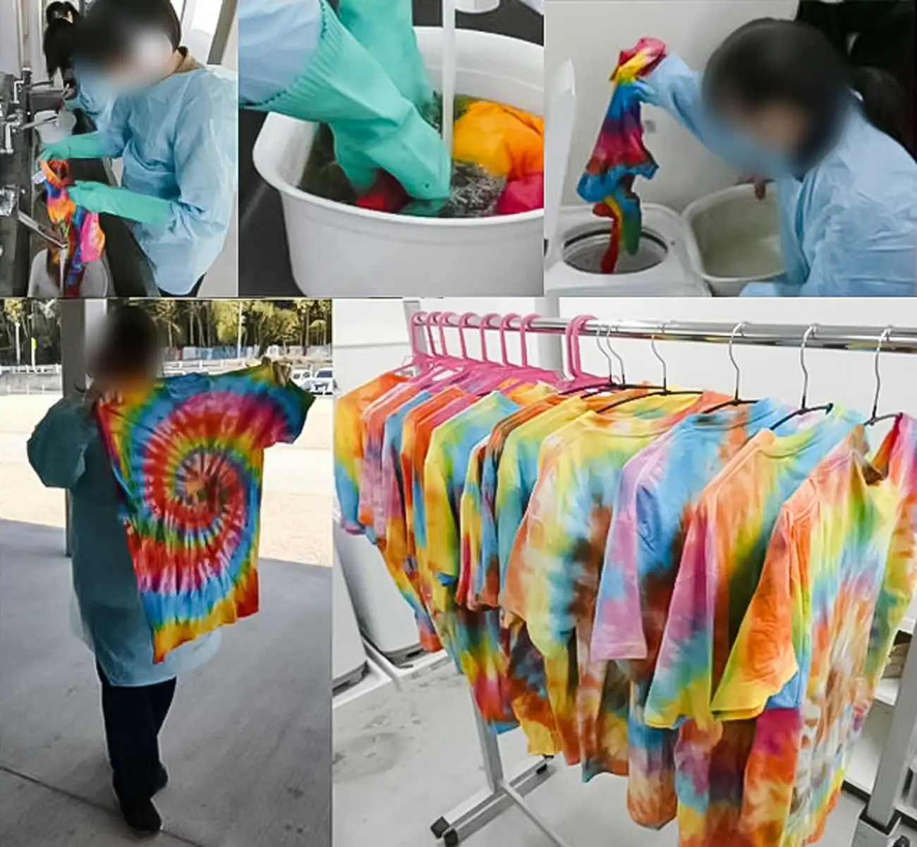 洗いの作業を行う生徒の皆さんと完成したタイダイTシャツ